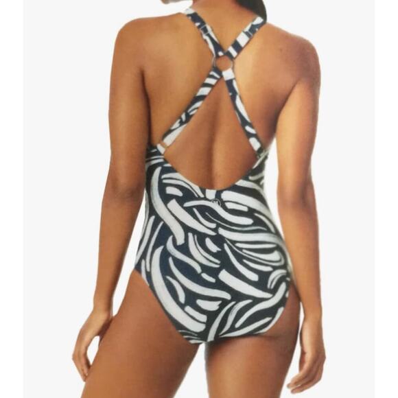 NWT Hurley Cross Open Back Pull On Padded Blue White Full Coverage Swimsuit M - Picture 2 of 7